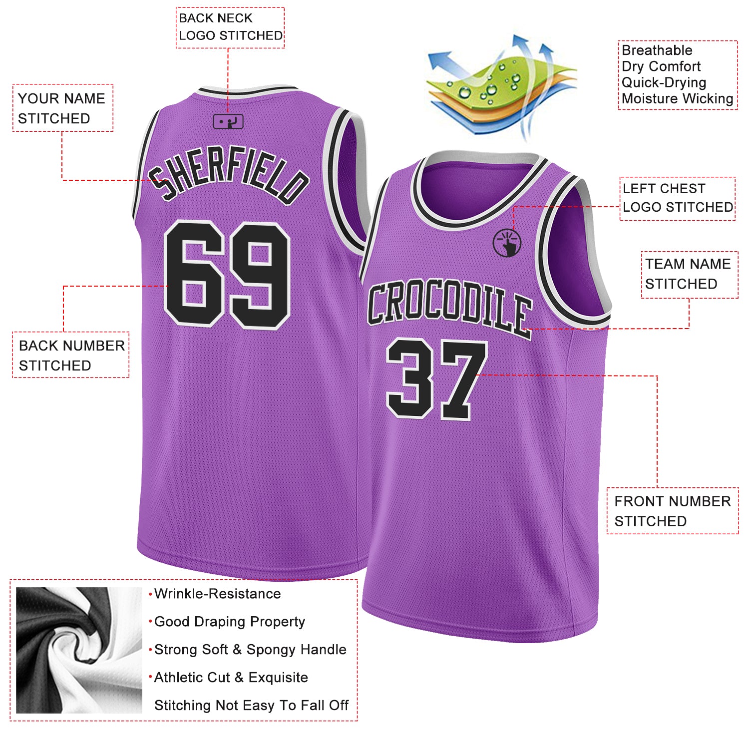 Custom Medium Purple Black-White Authentic Basketball Jersey