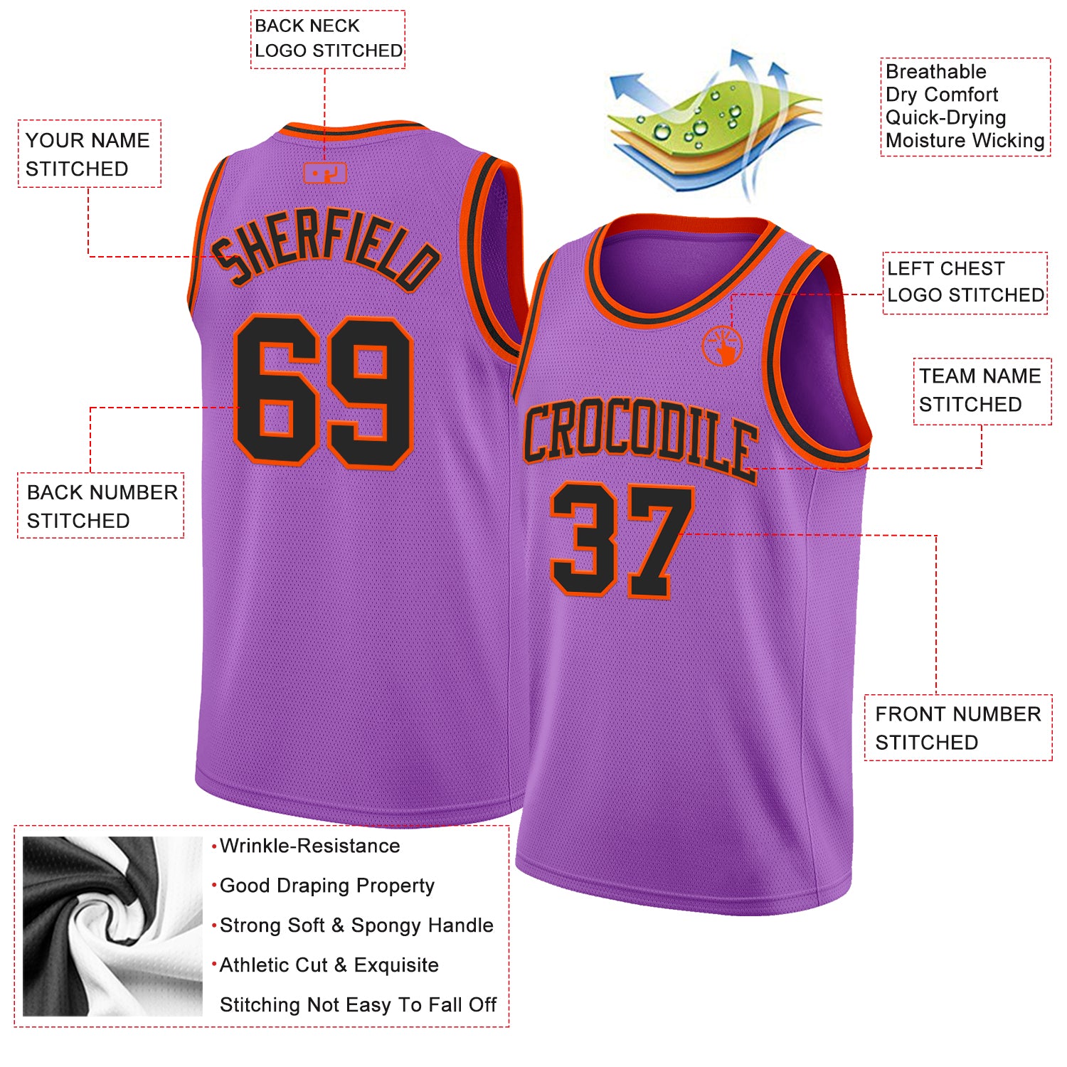 Custom Medium Purple Black-Orange Authentic Basketball Jersey