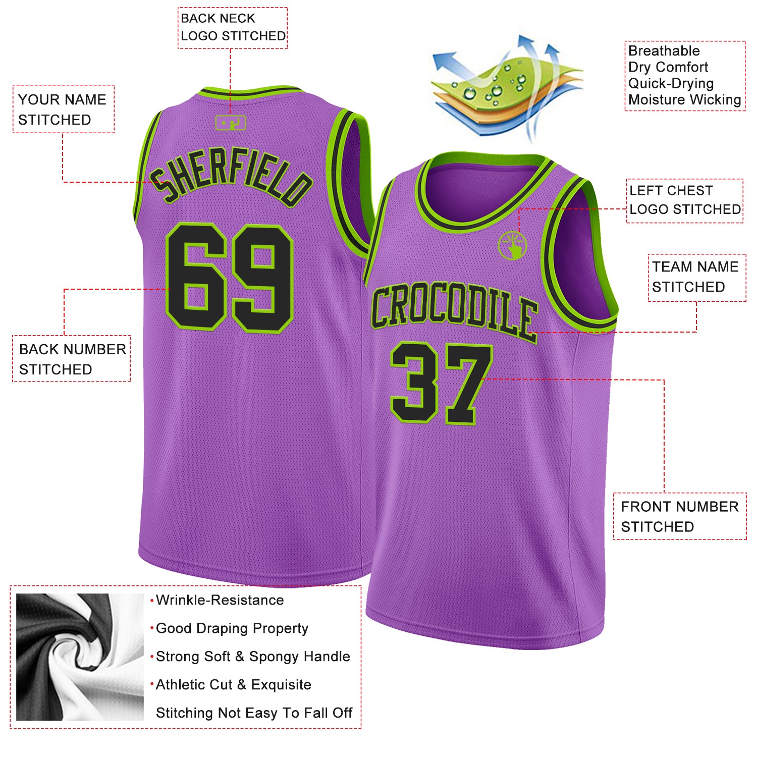 Custom Medium Purple Black-Neon Green Authentic Basketball Jersey