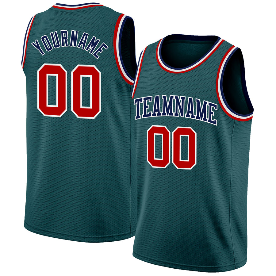 Custom Midnight Green Red White-Navy Authentic Basketball Jersey