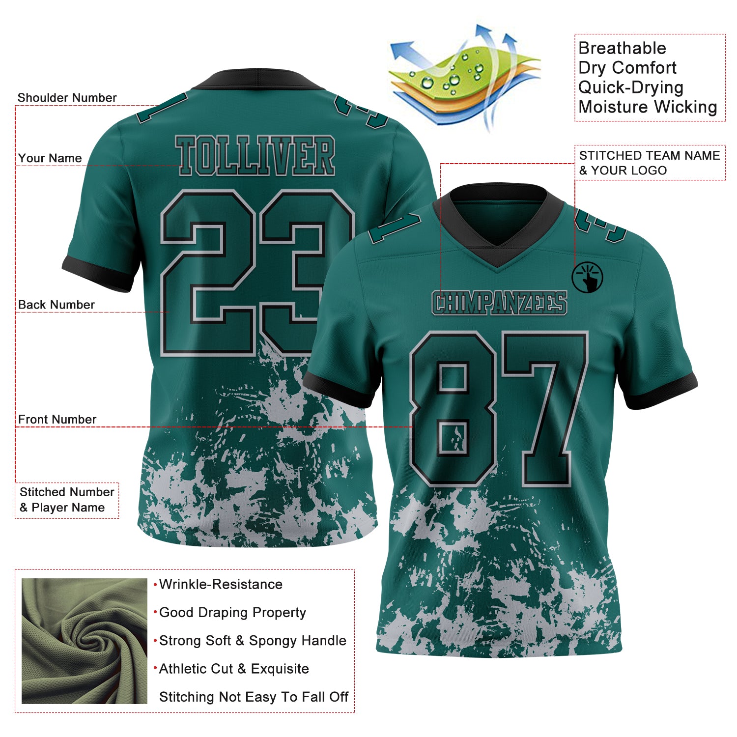 Custom Midnight Green Gray-Black 3D Pattern Splash Authentic Football Jersey