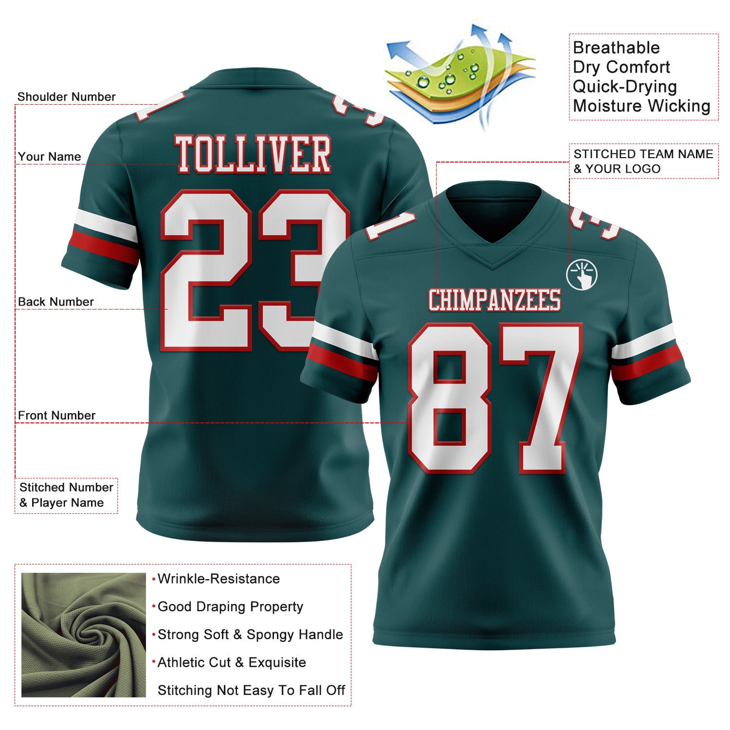 Custom Midnight Green White-Red Authentic Football Jersey