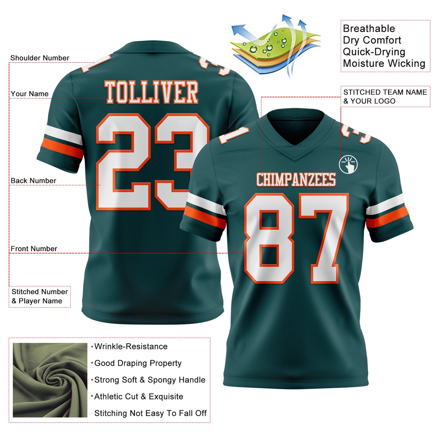 Custom Midnight Green White-Orange Authentic Football Jersey