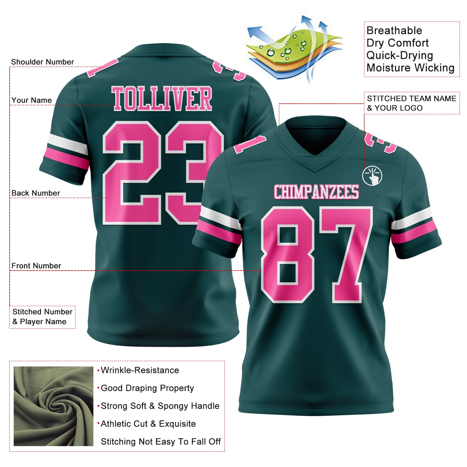 Custom Midnight Green Pink-White Authentic Football Jersey