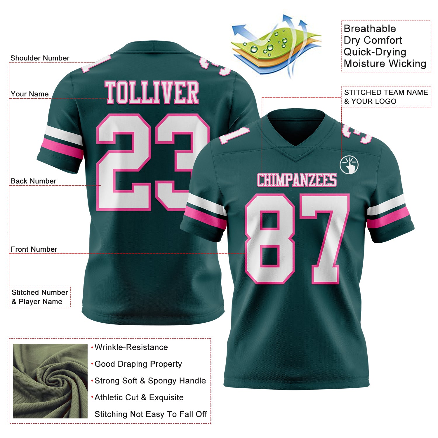 Custom Midnight Green White-Pink Authentic Football Jersey