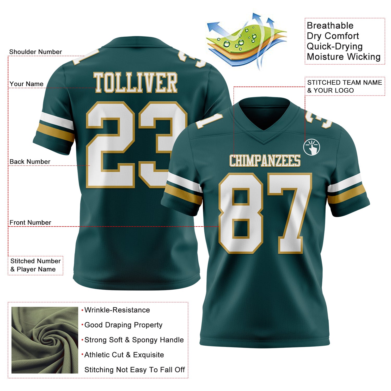 Custom Midnight Green White-Old Gold Authentic Football Jersey