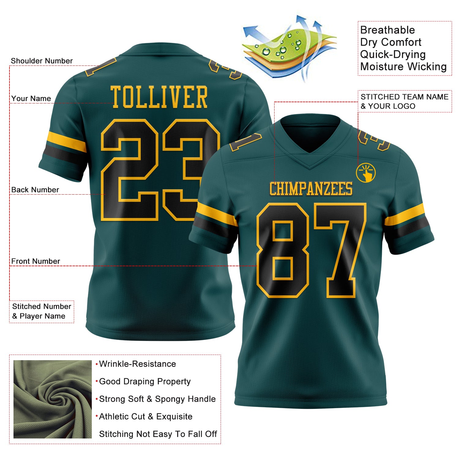 Custom Midnight Green Black-Old Gold Authentic Football Jersey