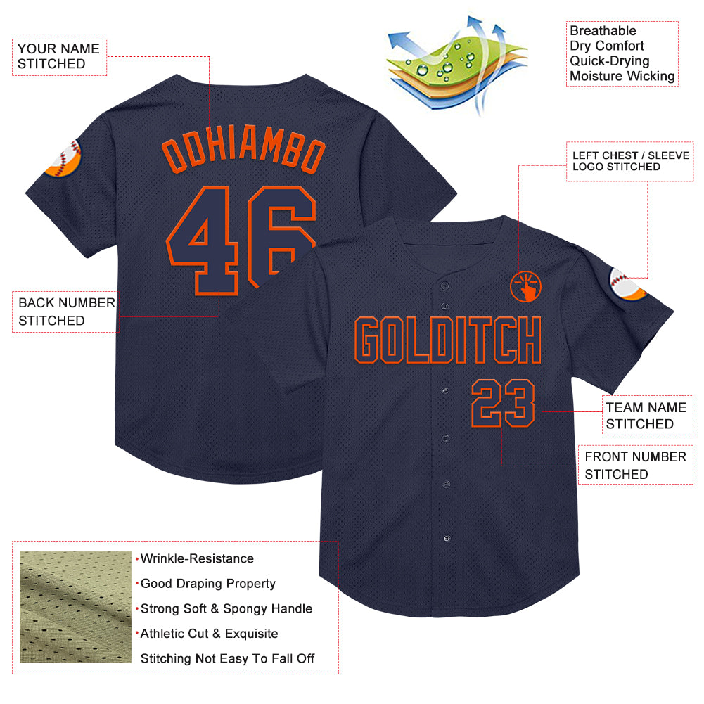Custom Navy Orange Mesh Authentic Throwback Baseball Jersey