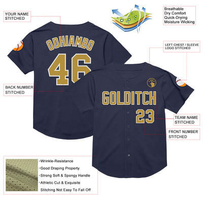 Custom Navy Old Gold-White Mesh Authentic Throwback Baseball Jersey