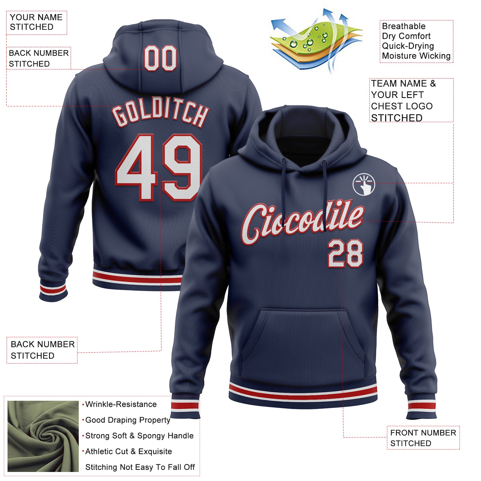 Custom Stitched Navy White-Red Sports Pullover Sweatshirt Hoodie