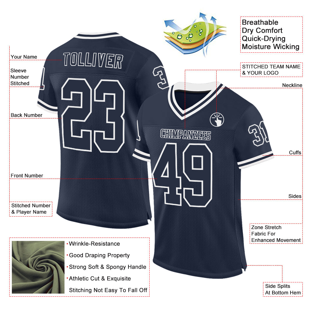 Custom Navy White Mesh Authentic Throwback Football Jersey