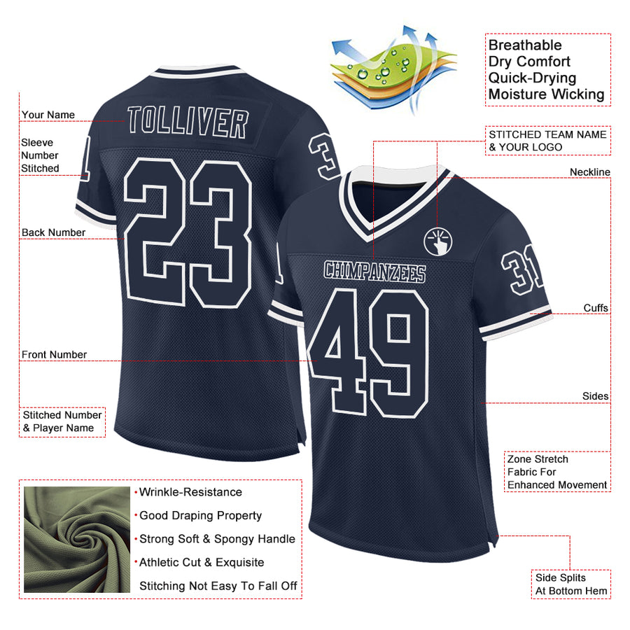 Custom Navy White Mesh Authentic Throwback Football Jersey