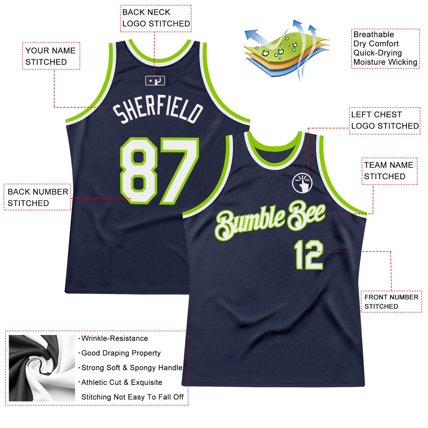 Custom Navy White-Neon Green Authentic Throwback Basketball Jersey