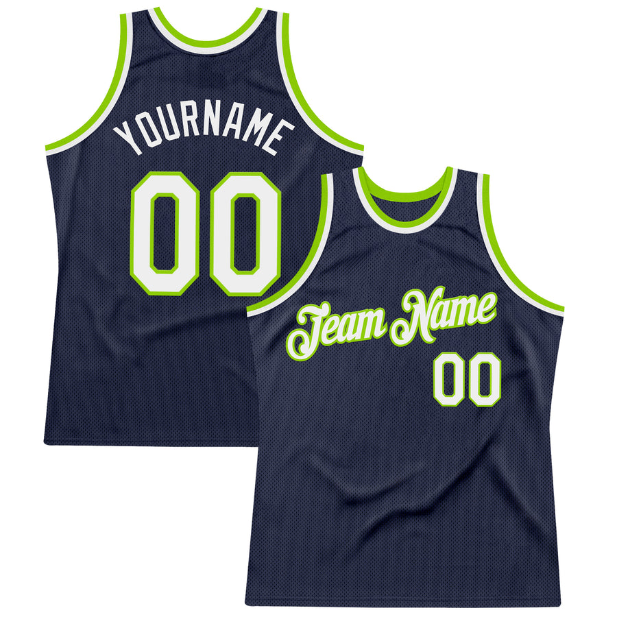 Custom Navy White-Neon Green Authentic Throwback Basketball Jersey