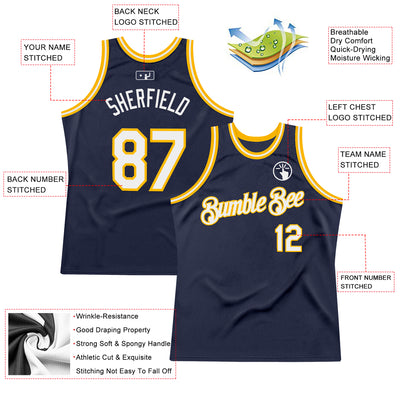 Custom Navy White-Gold Authentic Throwback Basketball Jersey