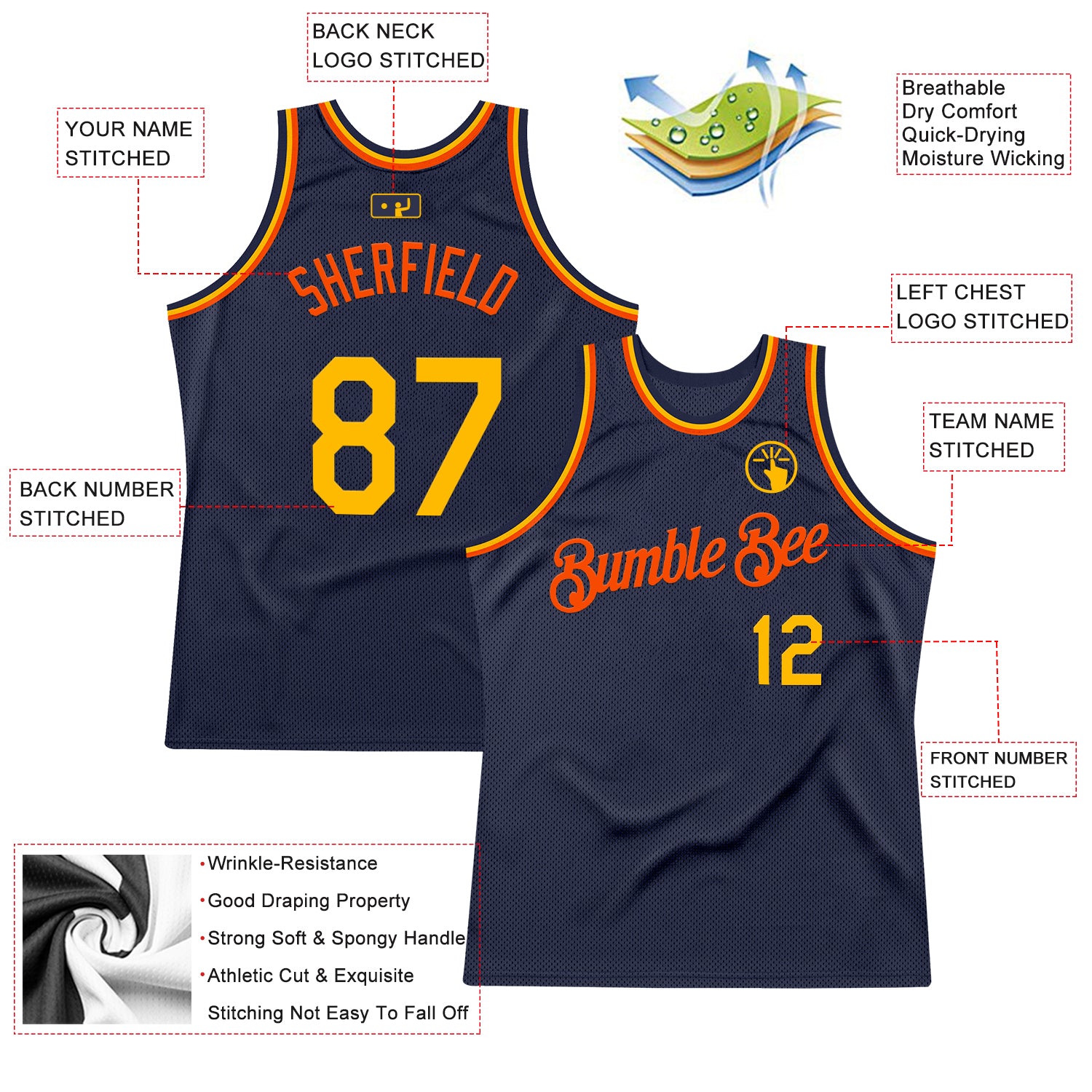 Custom Navy Gold-Orange Authentic Throwback Basketball Jersey