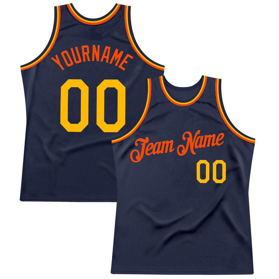 Custom Navy Gold-Orange Authentic Throwback Basketball Jersey