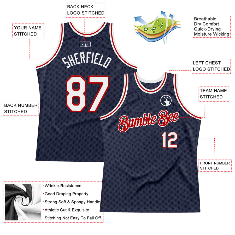 Custom Navy White-Red Authentic Throwback Basketball Jersey