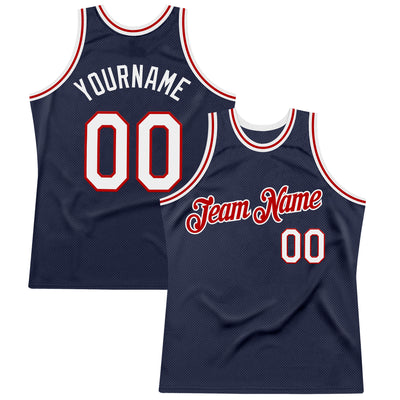 Custom Navy White-Red Authentic Throwback Basketball Jersey