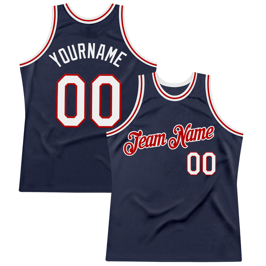 Custom Navy White-Red Authentic Throwback Basketball Jersey