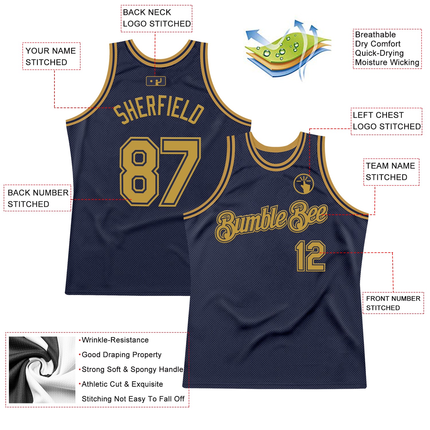 Custom Navy Old Gold Authentic Throwback Basketball Jersey