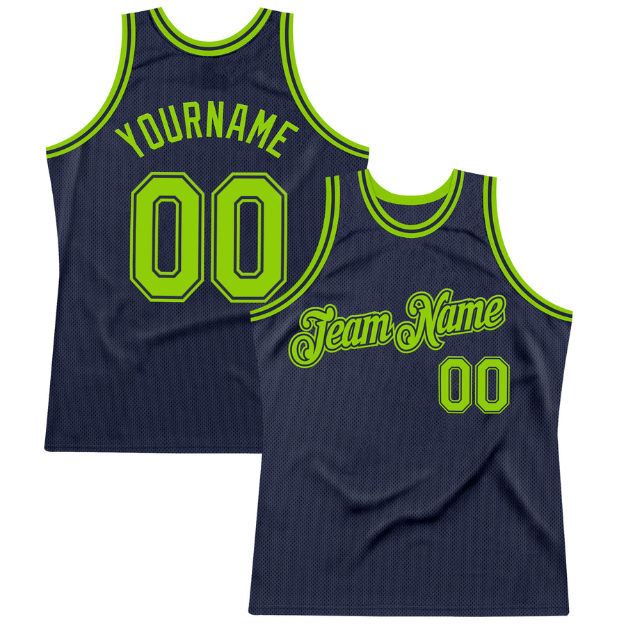 Custom Navy Neon Green Authentic Throwback Basketball Jersey