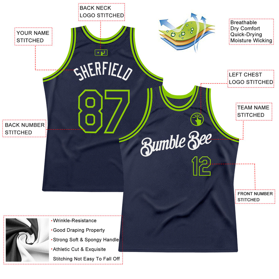 Custom Navy Neon Green-White Authentic Throwback Basketball Jersey