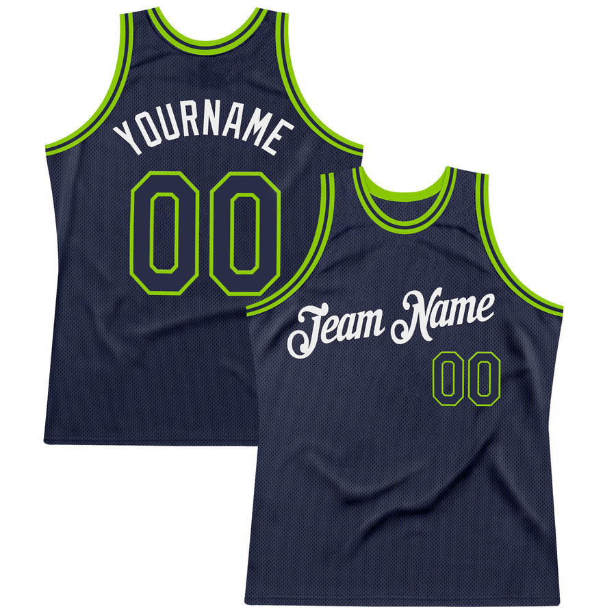 Custom Navy Neon Green-White Authentic Throwback Basketball Jersey