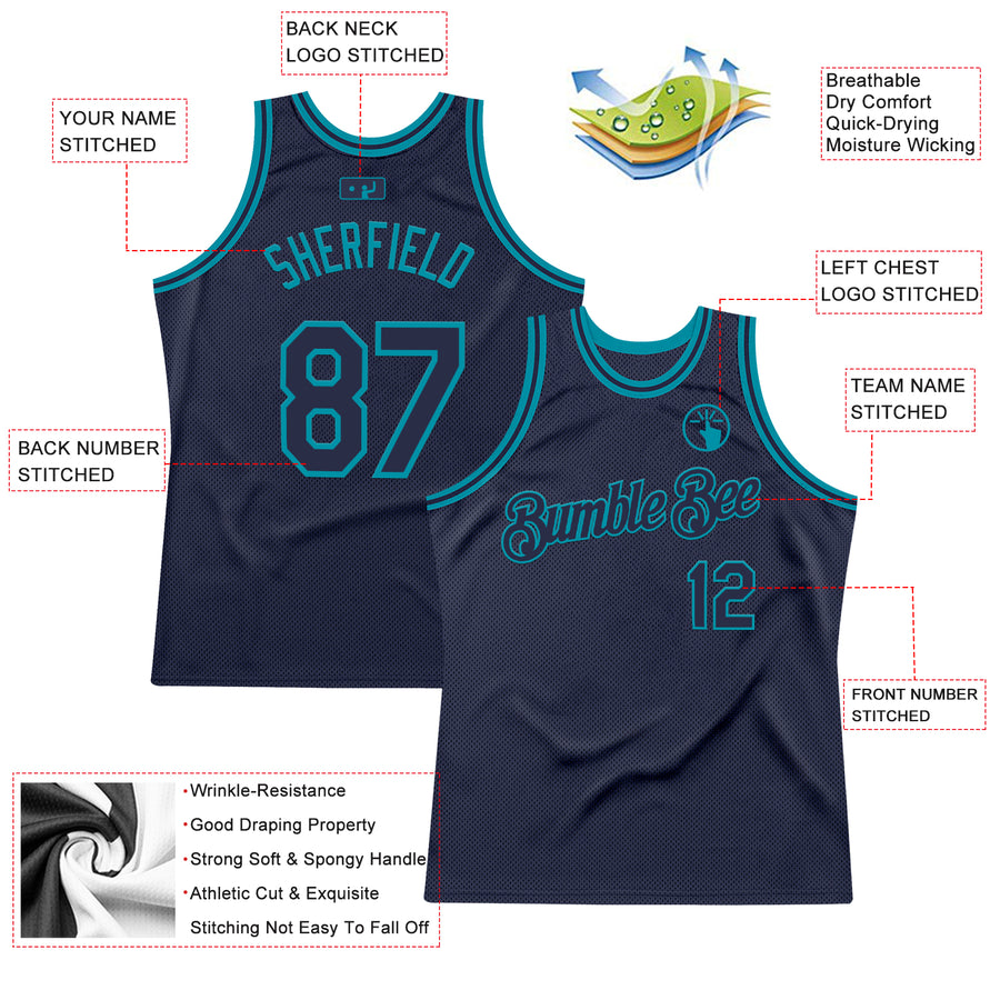 Custom Navy Teal Authentic Throwback Basketball Jersey