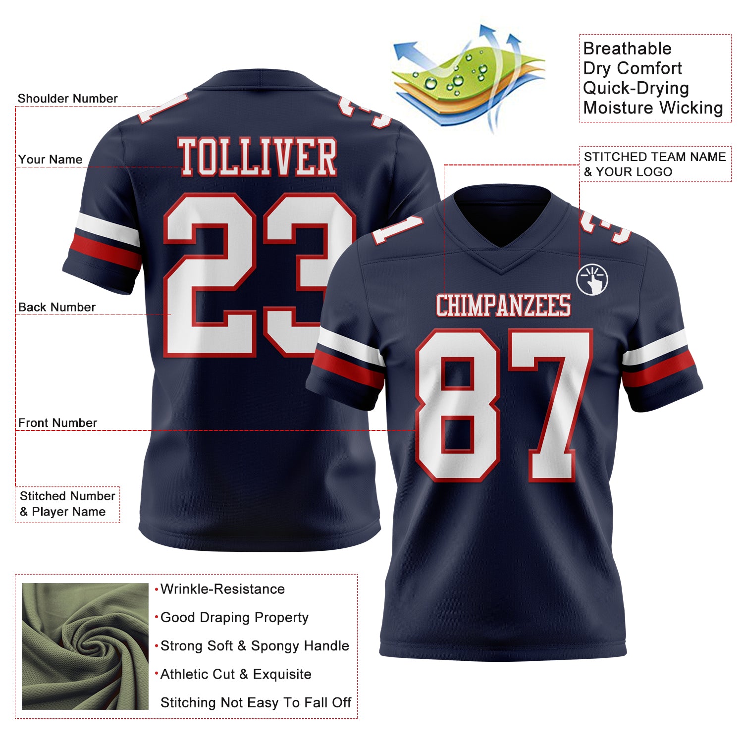 Custom Navy White-Red Authentic Football Jersey