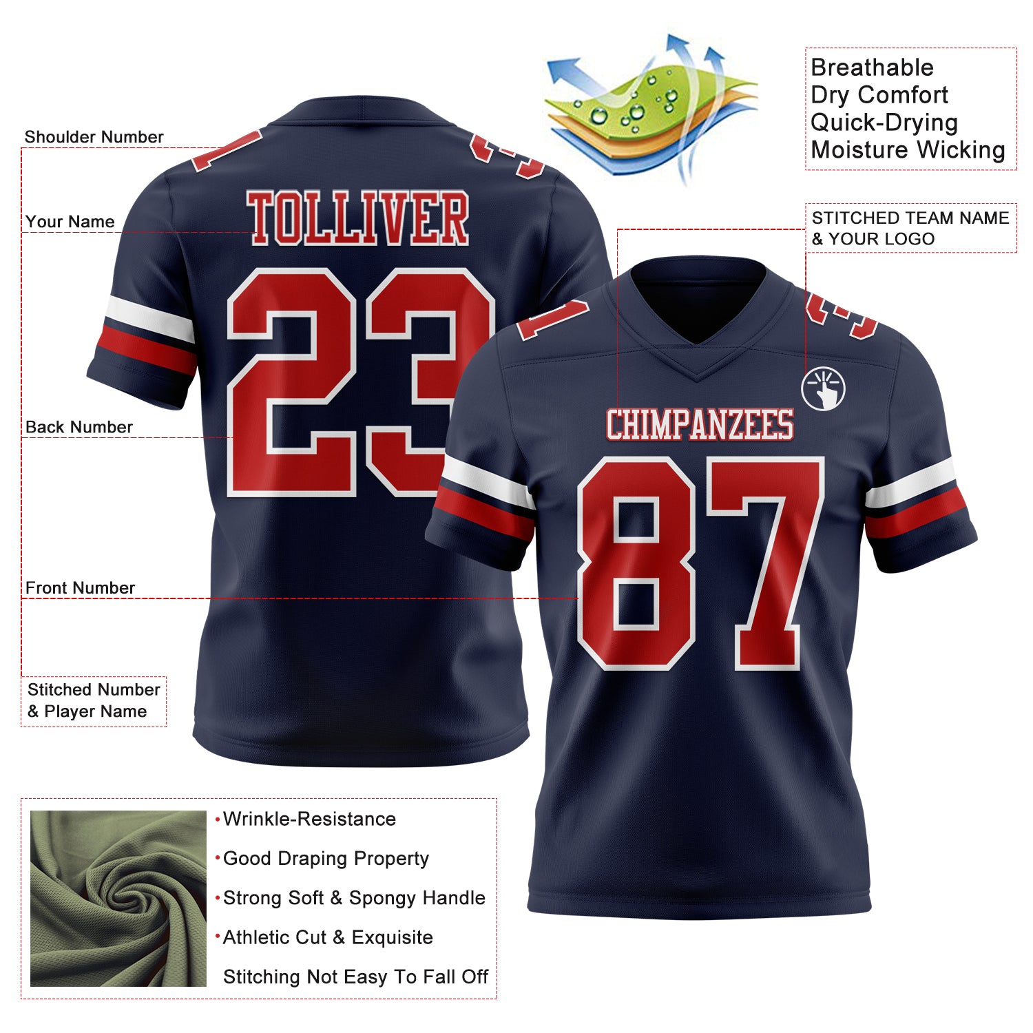 Custom Navy Red-White Authentic Football Jersey