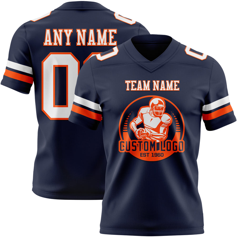 Custom Navy White-Orange Authentic Football Jersey