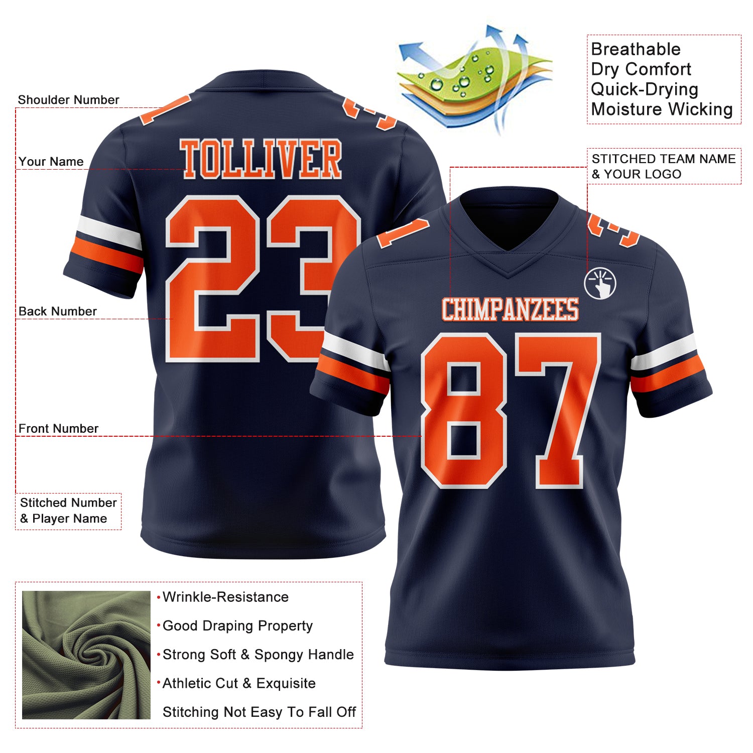 Custom Navy Orange-White Authentic Football Jersey