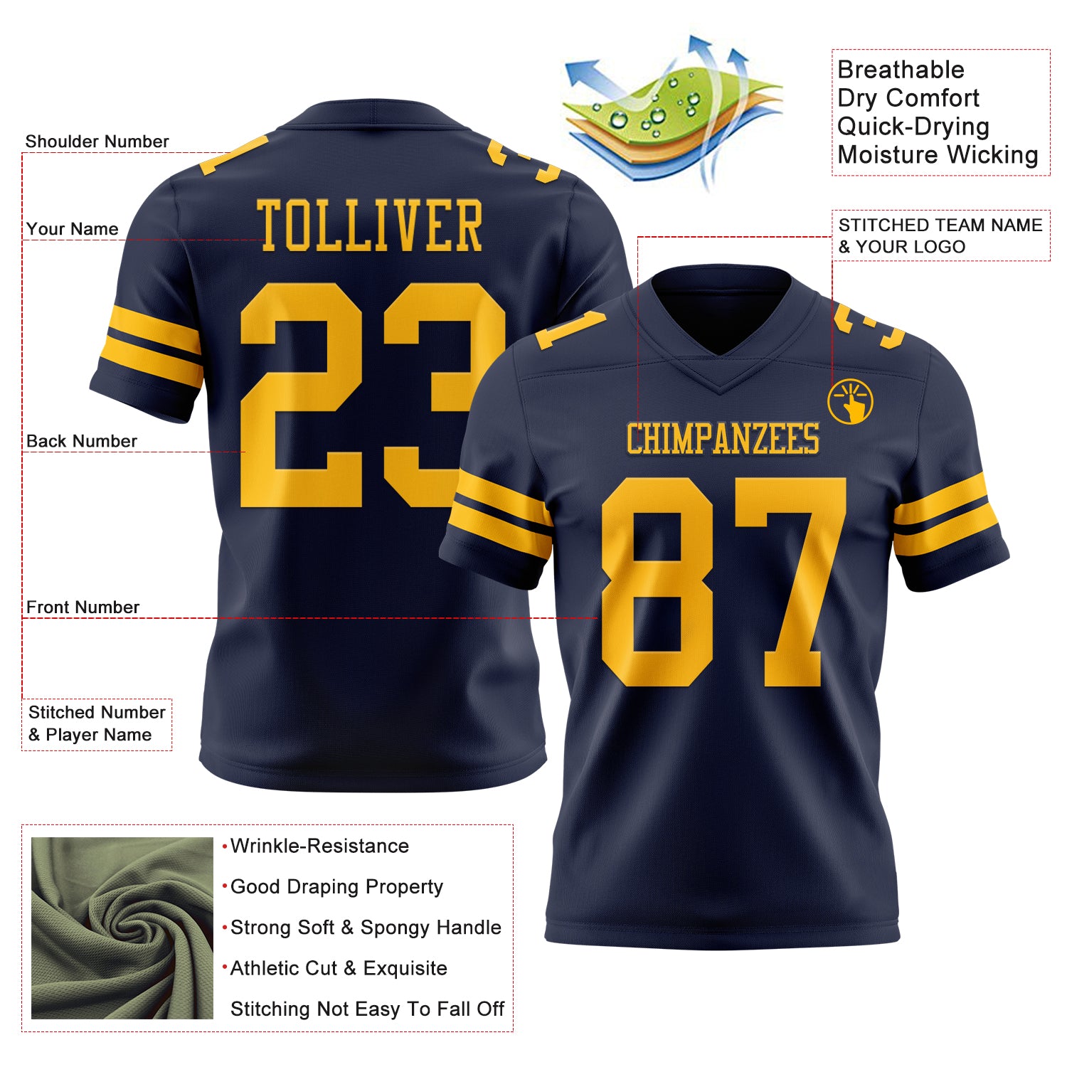 Custom Navy Gold Authentic Football Jersey