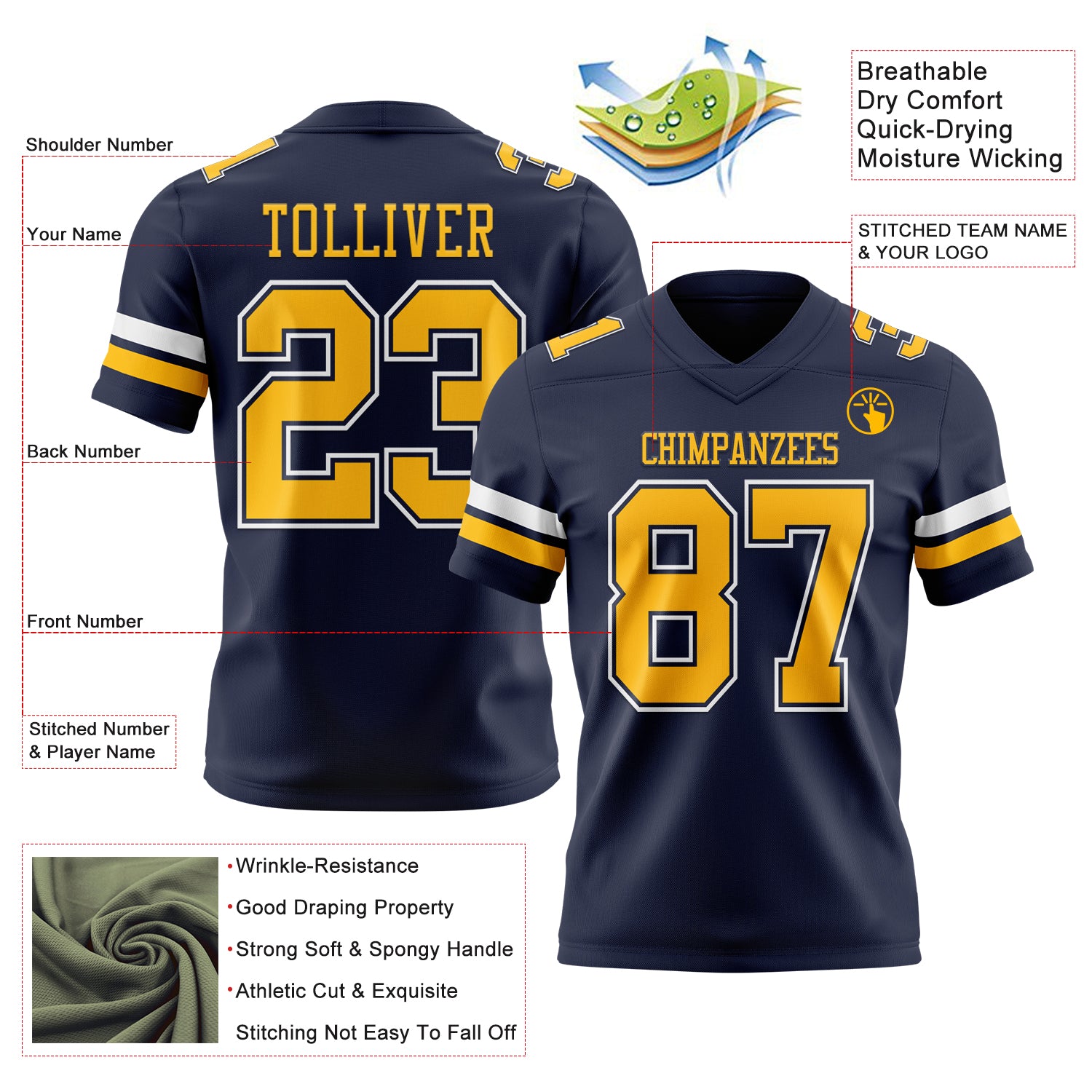 Custom Navy Gold-White Authentic Football Jersey