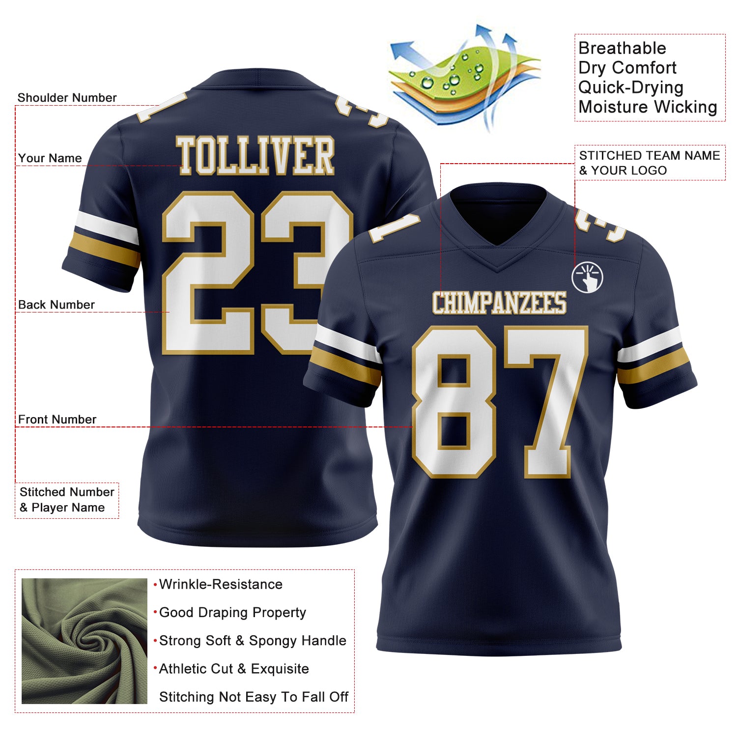 Custom Navy White-Old Gold Authentic Football Jersey