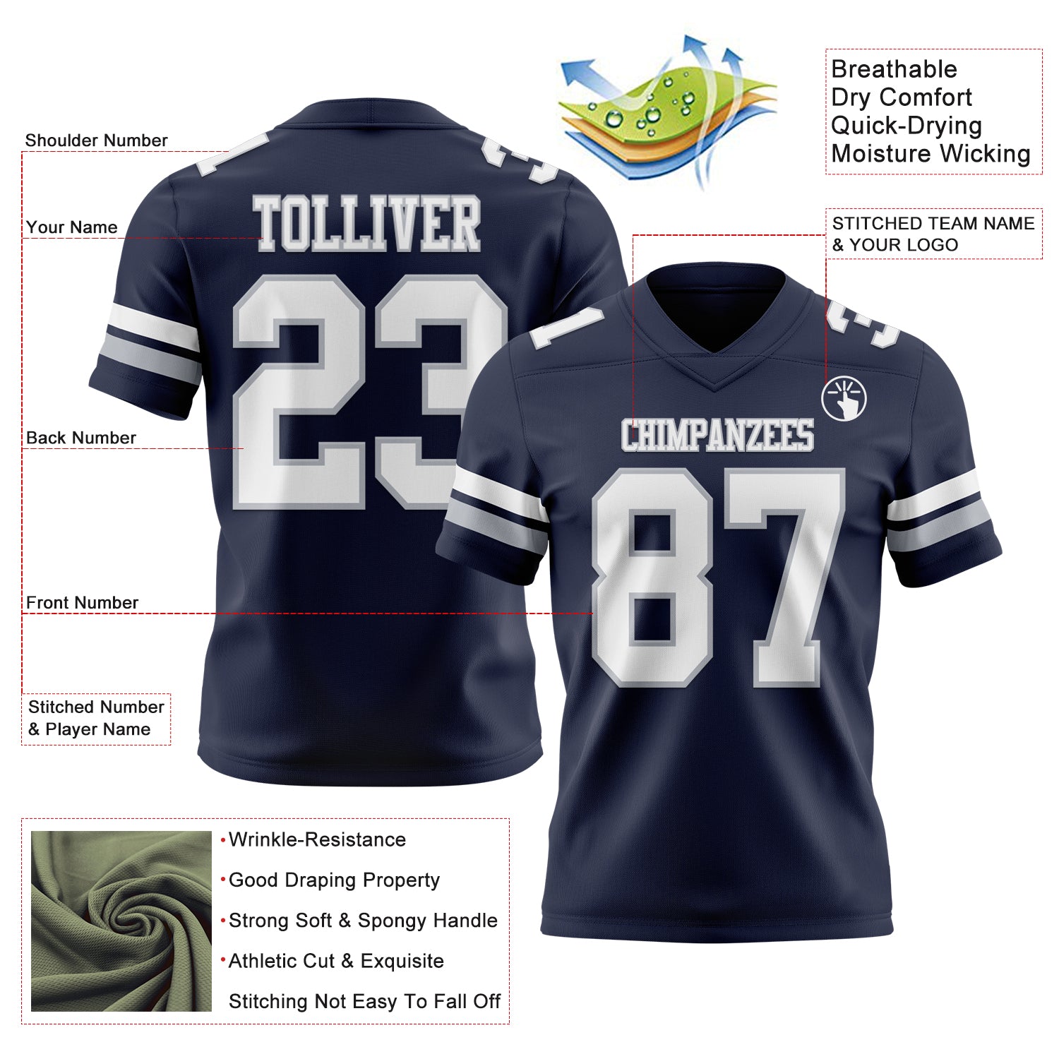 Custom Navy White-Gray Authentic Football Jersey