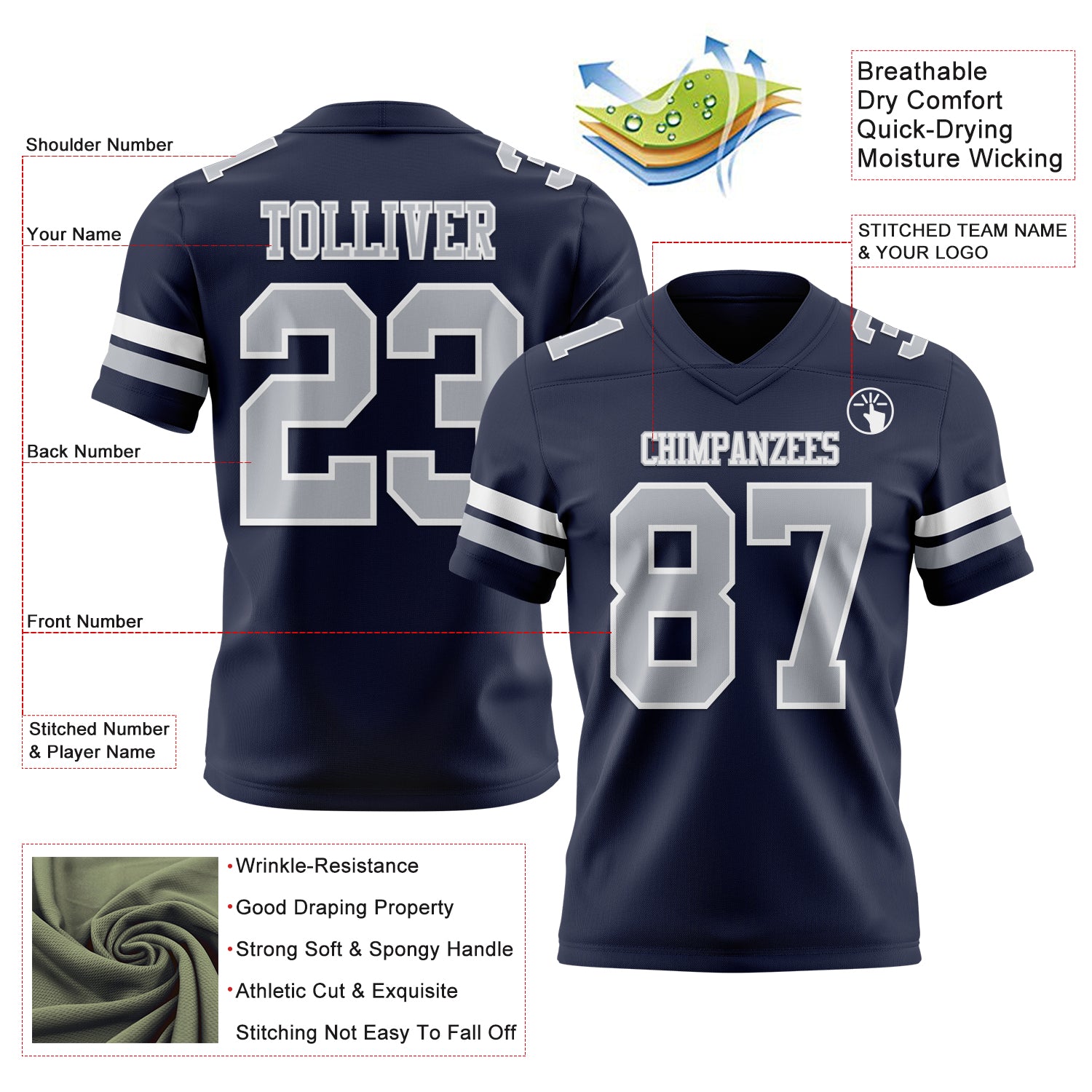 Custom Navy Gray-White Authentic Football Jersey