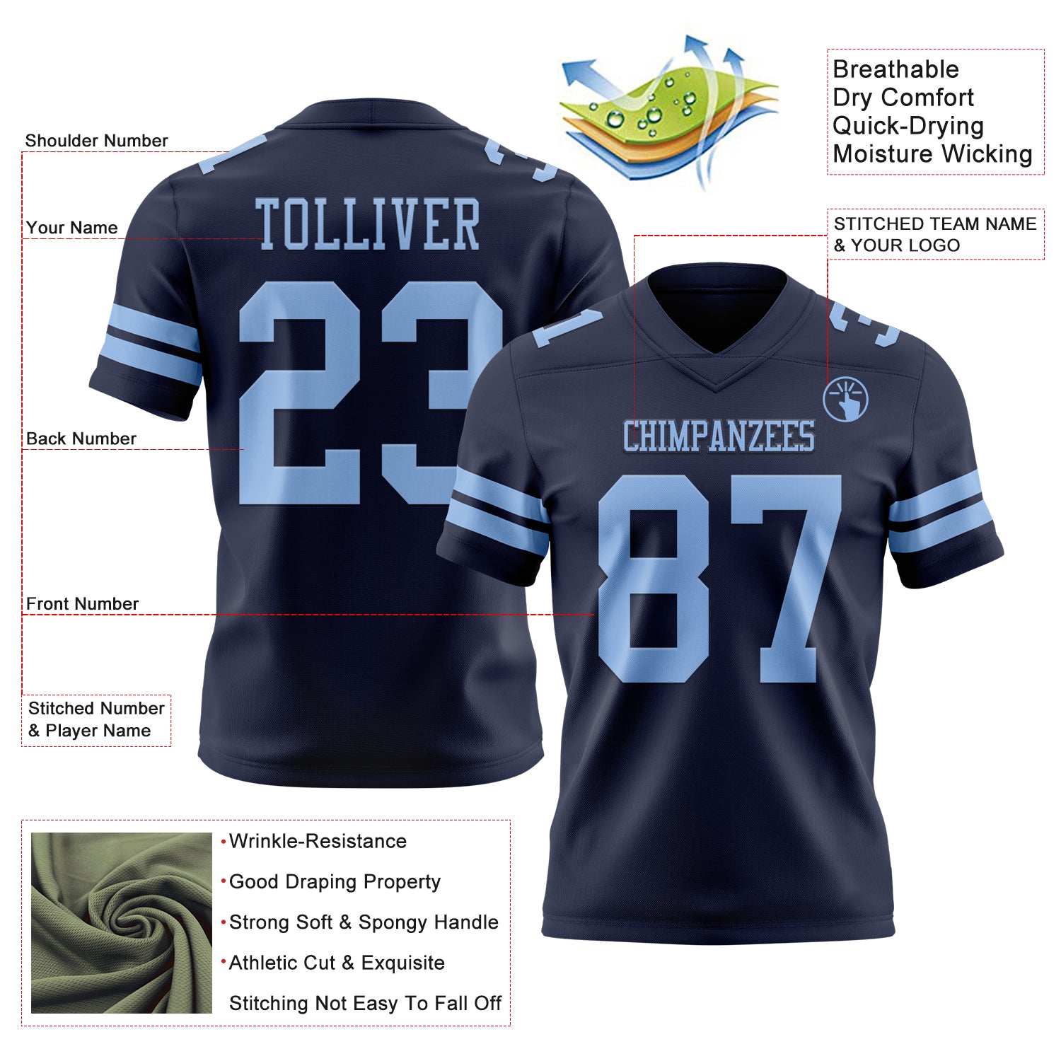 Custom Navy Light Blue Authentic Football Jersey