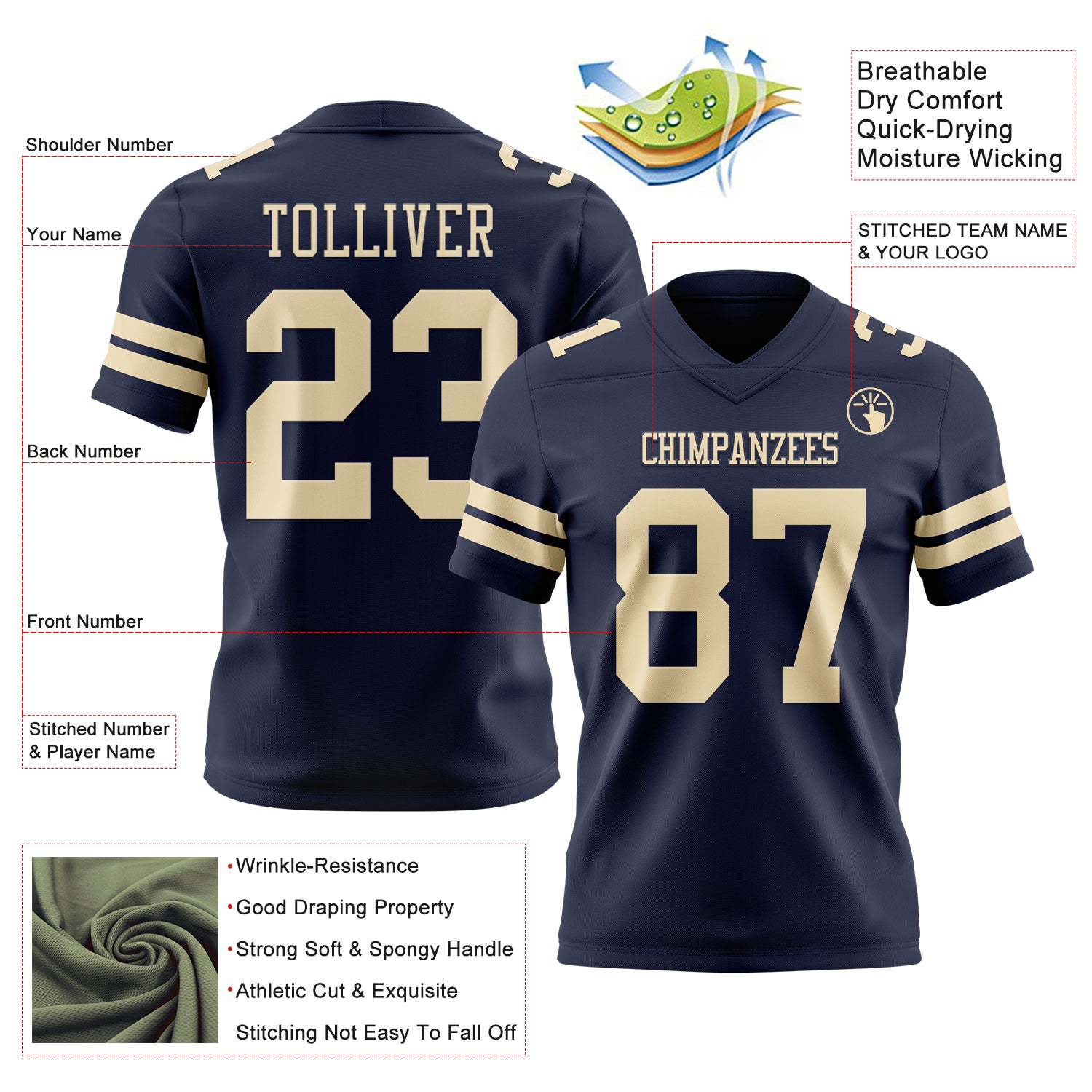 Custom Navy Cream Authentic Football Jersey