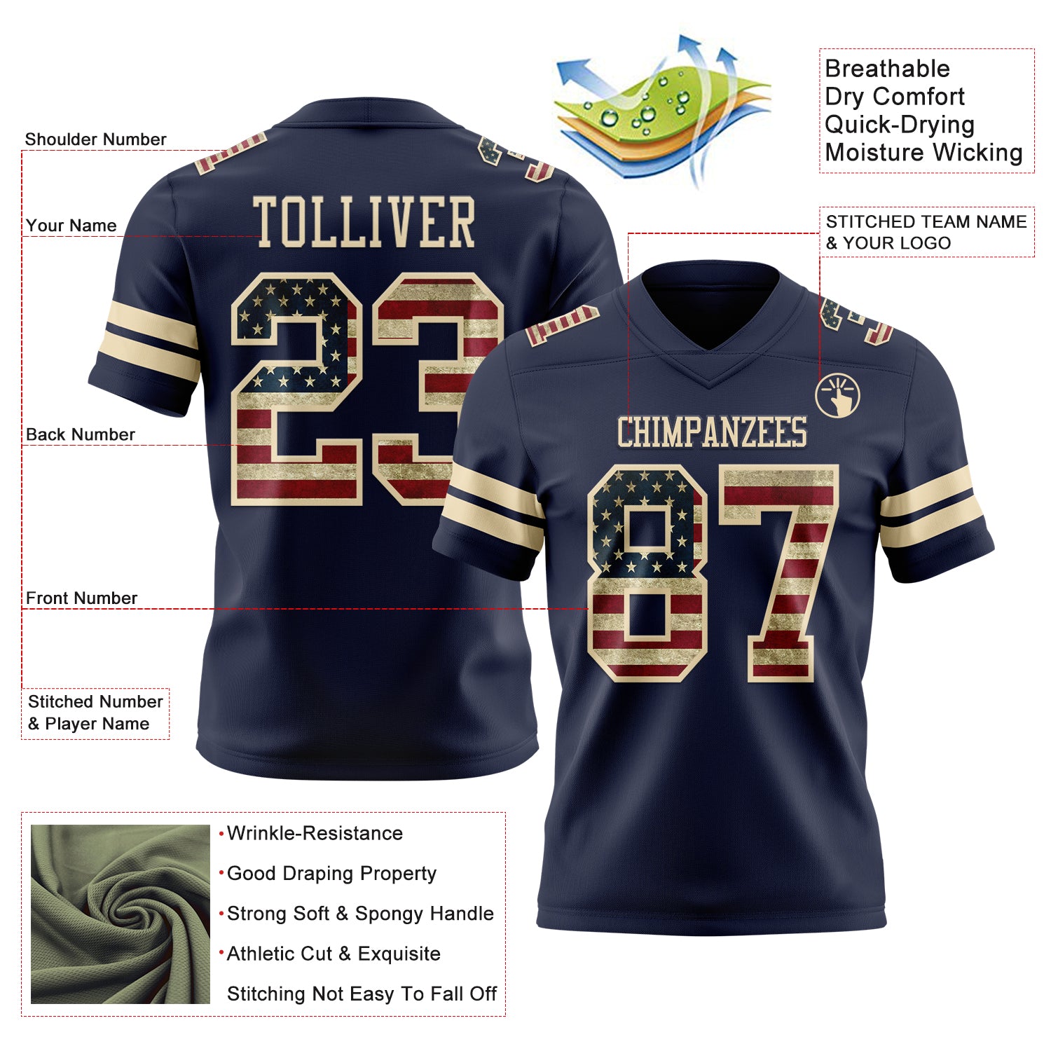 Custom Navy Vintage USA Flag-Cream Authentic Football Jersey
