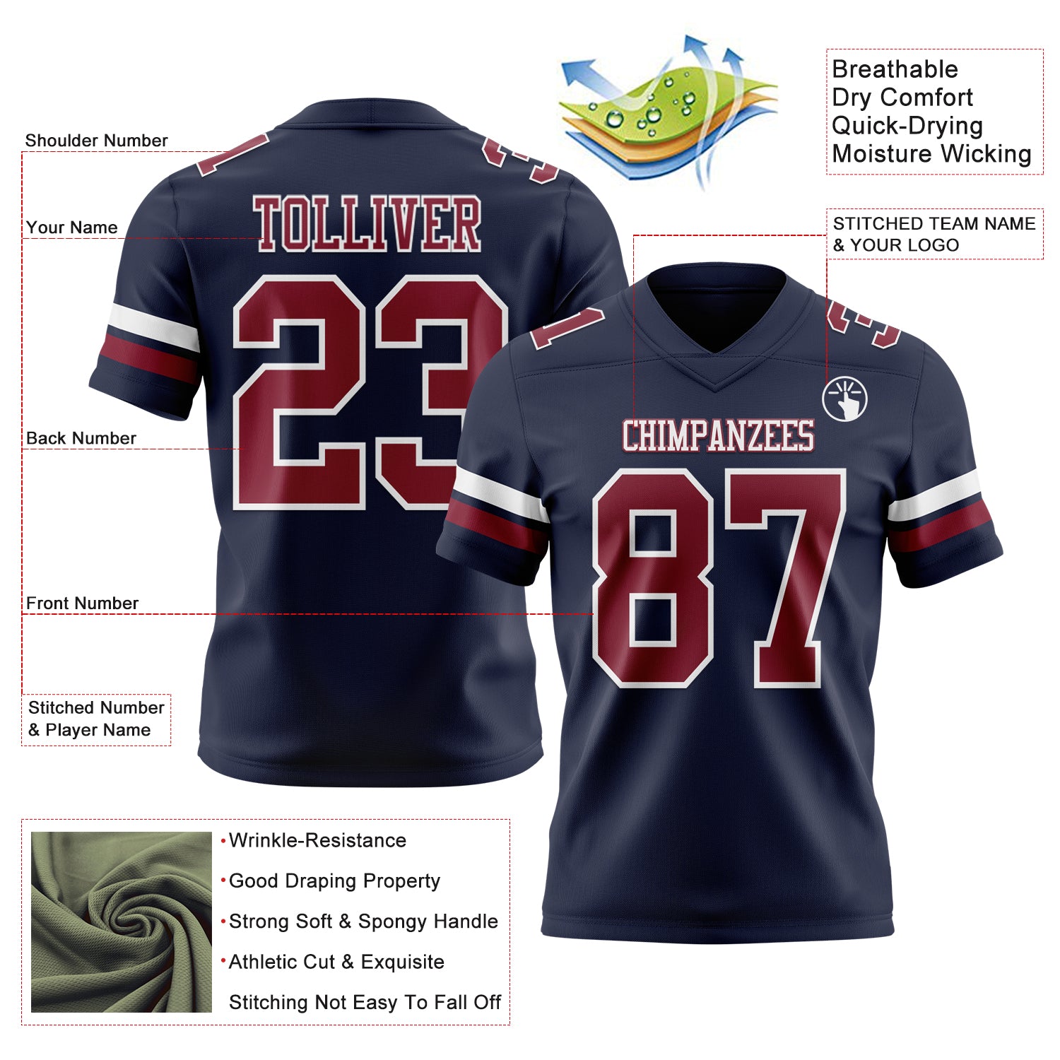 Custom Navy Crimson-White Authentic Football Jersey