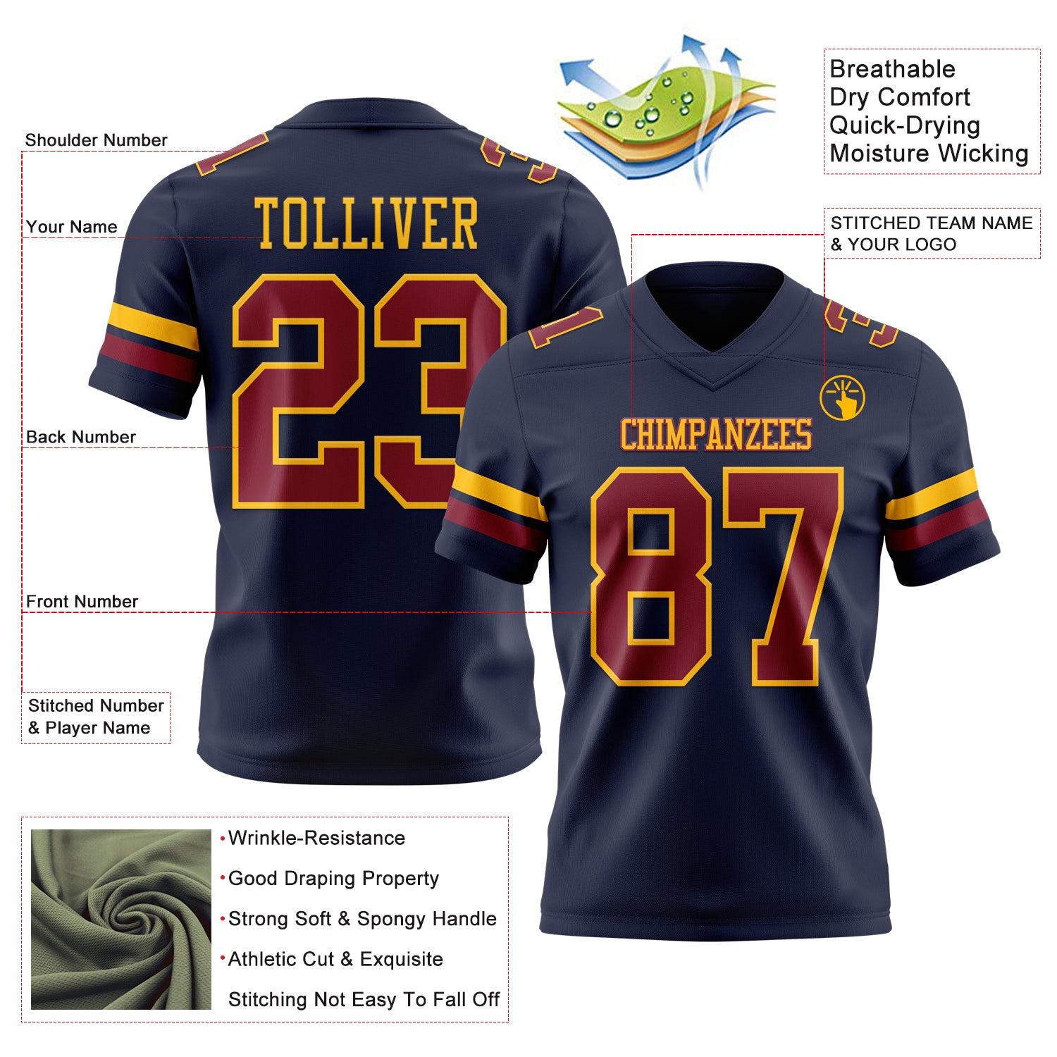 Custom Navy Crimson-Gold Authentic Football Jersey