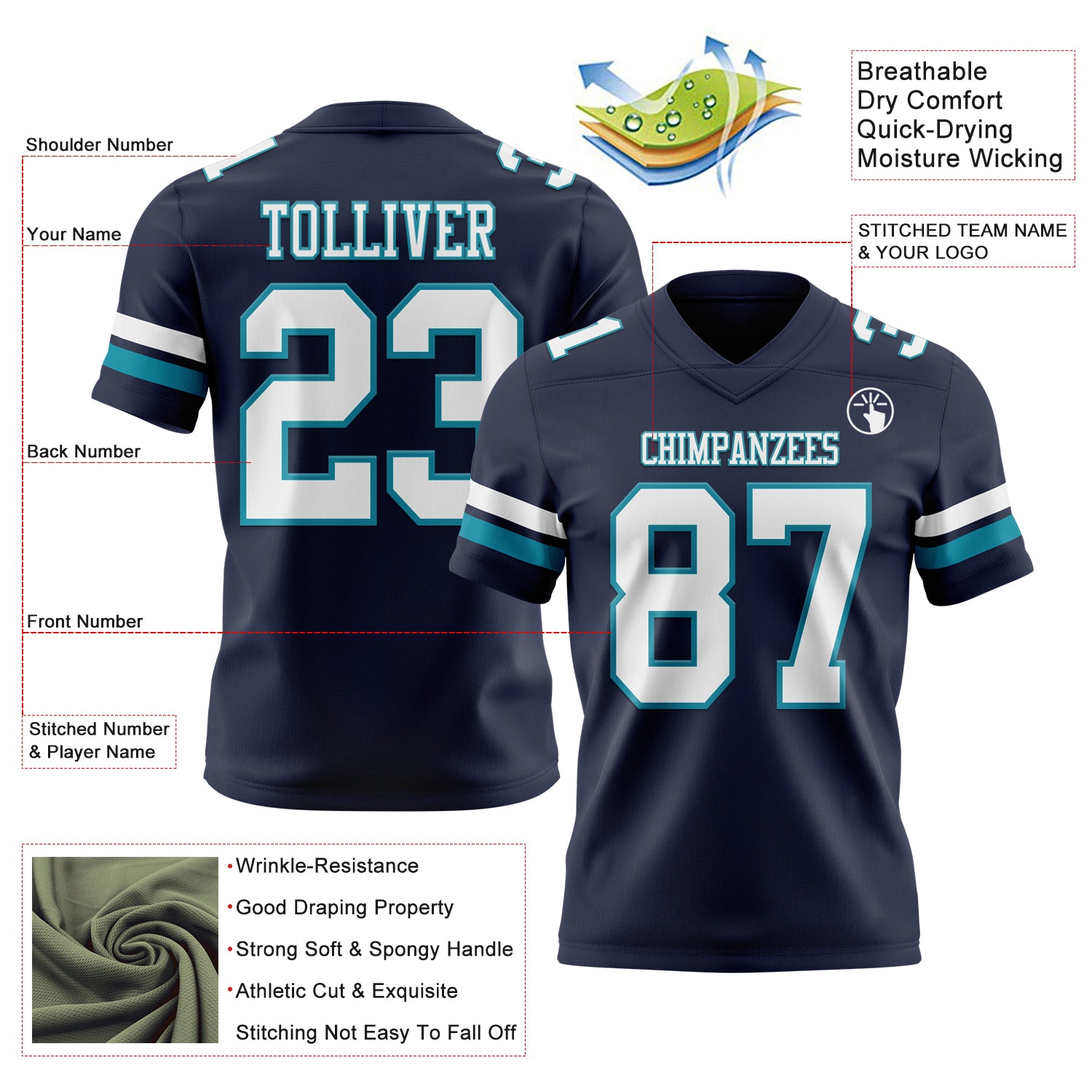 Custom Navy White-Teal Authentic Football Jersey