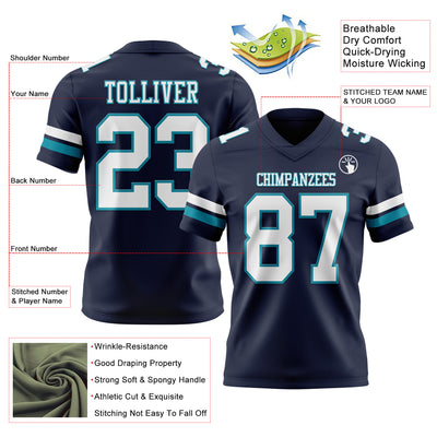 Custom Navy White-Teal Authentic Football Jersey