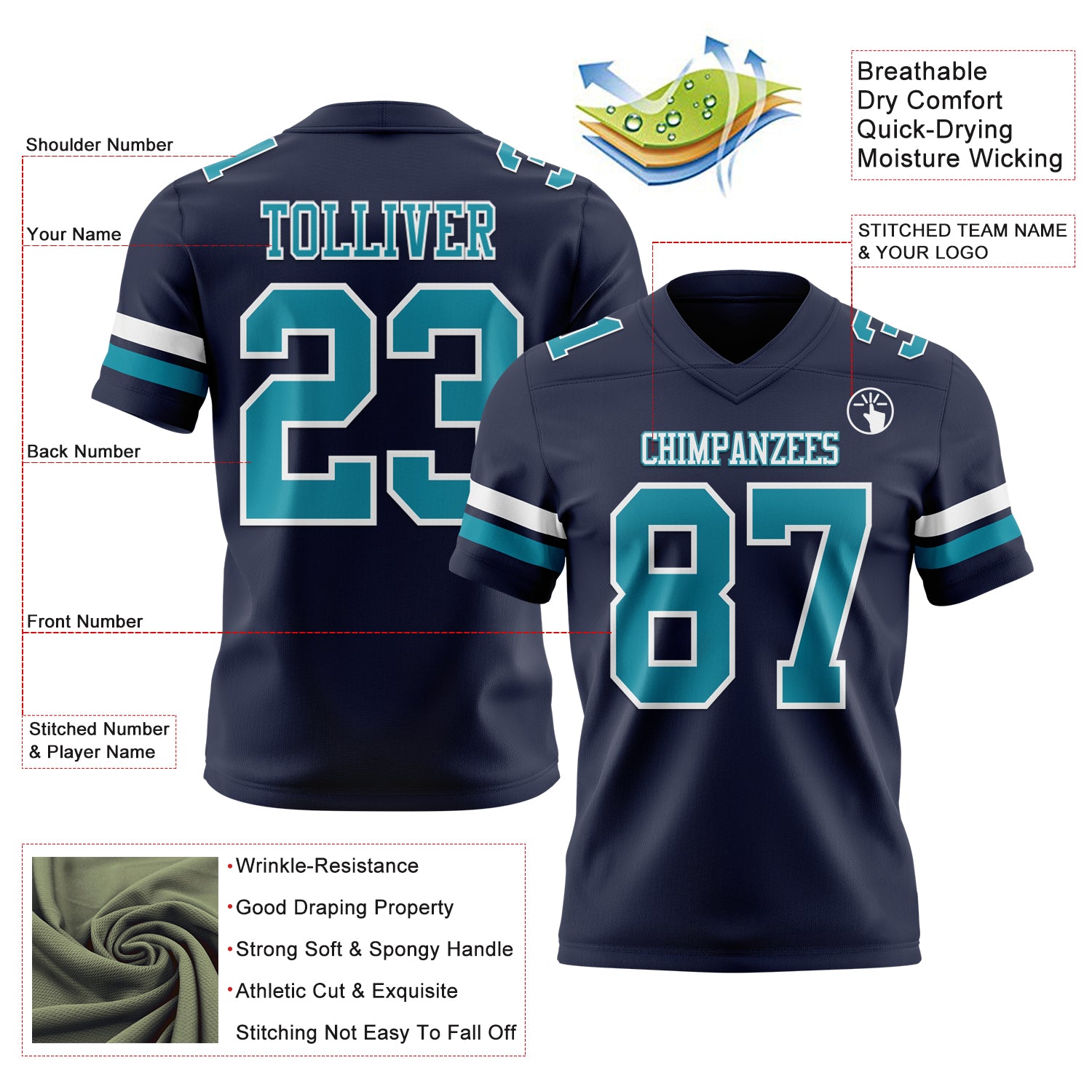 Custom Navy Teal-White Authentic Football Jersey
