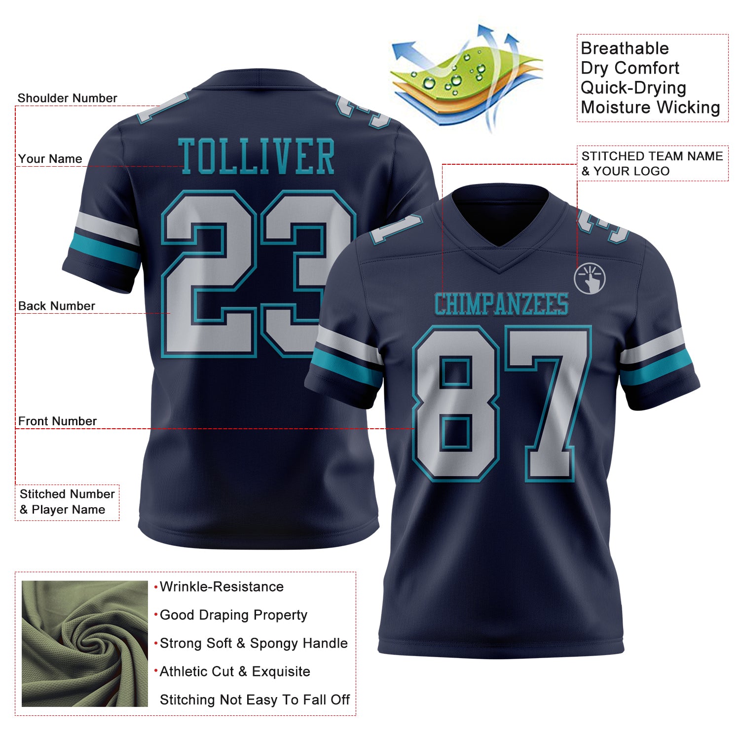 Custom Navy Gray-Teal Authentic Football Jersey