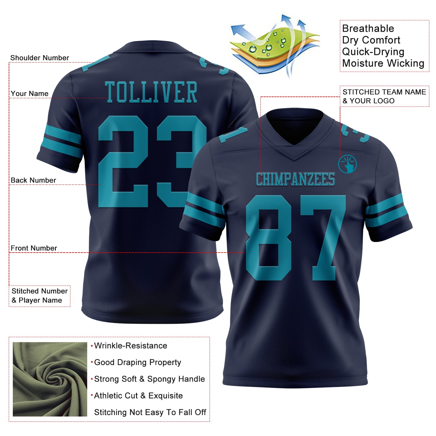 Custom Navy Teal Authentic Football Jersey