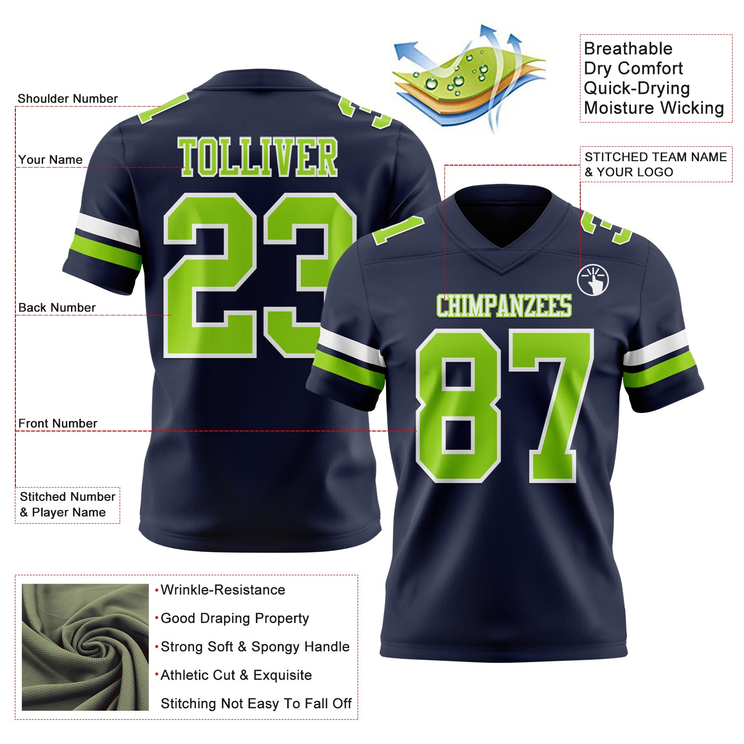 Custom Navy Neon Green-White Authentic Football Jersey