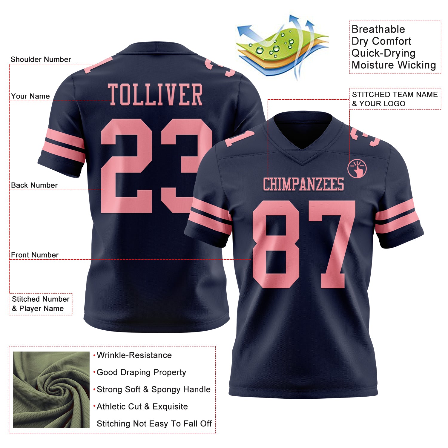 Custom Navy Medium Pink Authentic Football Jersey